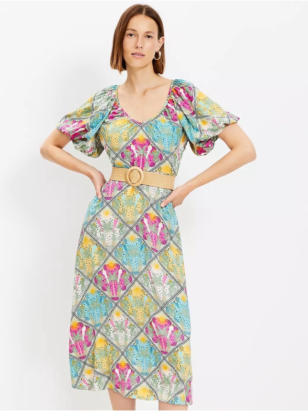 LOFT Multicolor Floral Patchwork Midi Dress with Straw Belt